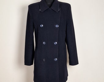 Vintage Women's Wool and Cashmere Coat Black and Dark Navy Colour Coat Double-Breasted Coat Wool and Cashmere Jacket size Small
