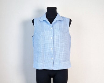 Vintage Light Blue Linen Women's Shirt Sleeveless Collared Sky Blue Colour Gingham Buttoned Blouse Marco Pecci Shirt Size 42