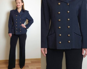 Vintage 90s Daniel Hechter Wool Womens Blazer Classy Navy Blue Suit Blazer Golden Buttons Military Style Size M Medium