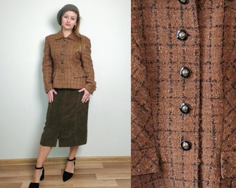 Wool and Mohair Vintage Womens Plaid Jacket Light Brown Color, Long Sleeve Blazer, Button Up, Shoulder pads, Collared, Small Size