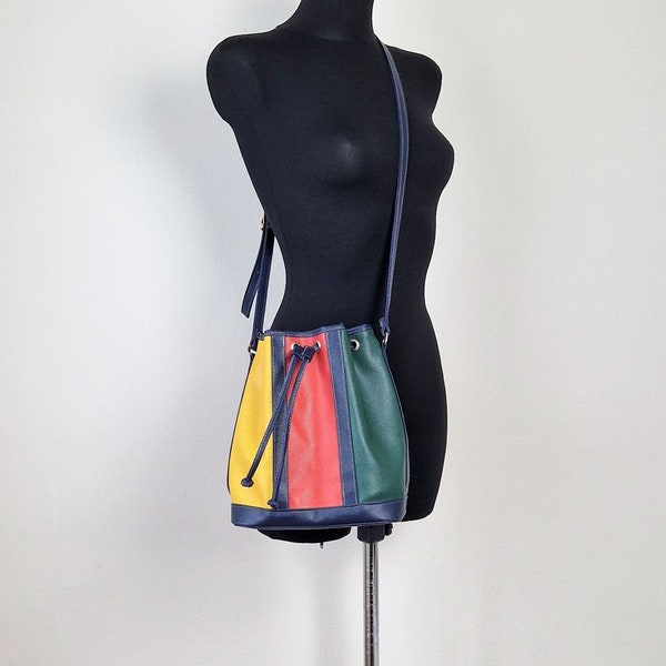 Vintage Multi Colour Bucket Bag, Grain PU Leather Crossbody Bag, Strap Purse Bag, Messenger Bag, Medium