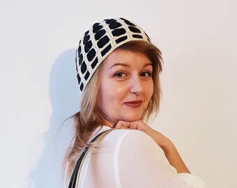 Vintage cream color crocheted hat with black satin ribbons classic beanie hat hipster style boho hippie style