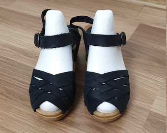 Vintage Black Leather Clog Sandals, Swedish Wood Platform, Size 38