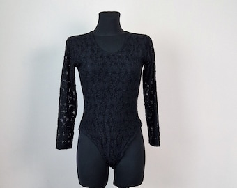 Vintage Black Lace Leotard, Women's Cotton Black Colour Bodysuit, One Piece Leotard, Long Sleeves, Size Medium