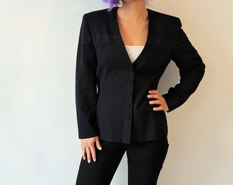 Vintage 80s Navy Blue Embroidered Blazer, Fabric Buttons, Size S