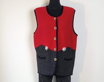 Vintage Dirndl Wool Vest Trachten Womens Red and Gray Colour Wool Buttoned Vest Size XL