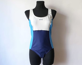 Vintage Sports Women's Swimsuit One-piece Blue and Off-white Color Swimwear Bathing Suit from H.I.S Size 44