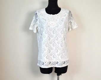 Vintage White Lace Crochet Top, Cotton Blend, Size M/L