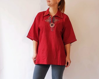 Vintage Ethnic Embroidered Dreamcatcher Print Red Color Womens Shirt Half Sleeves Boho Hippie Blouse Shirt