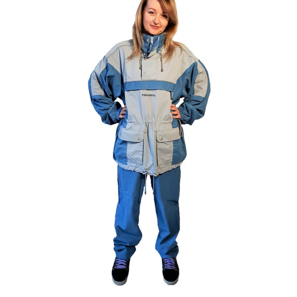 Vintage Two piece Tracksuit Shell suit Blue and Gray color Windbreaker Retro Sportswear from Progress Front Pockets Outwear Unisex Size 36