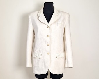 Linen Vintage Women's Light Beige Jacket from Sarah Chapman, Long Sleeves Ivory Blazer, Lace Collar, Lace Pockets, Size Small