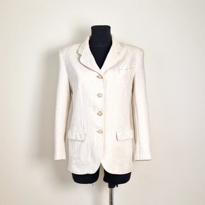 Linen Vintage Women&#39;s Light Beige Jacket from Sarah Chapman, Long Sleeves Ivory Blazer, Lace Collar, Lace Pockets, Size Small