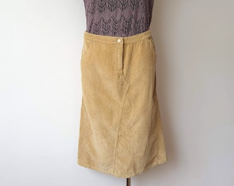 Corduroy Vintage Womens Skirt Mustard Color Cotton Midi Skirt Boho Hippie Style Size M/L