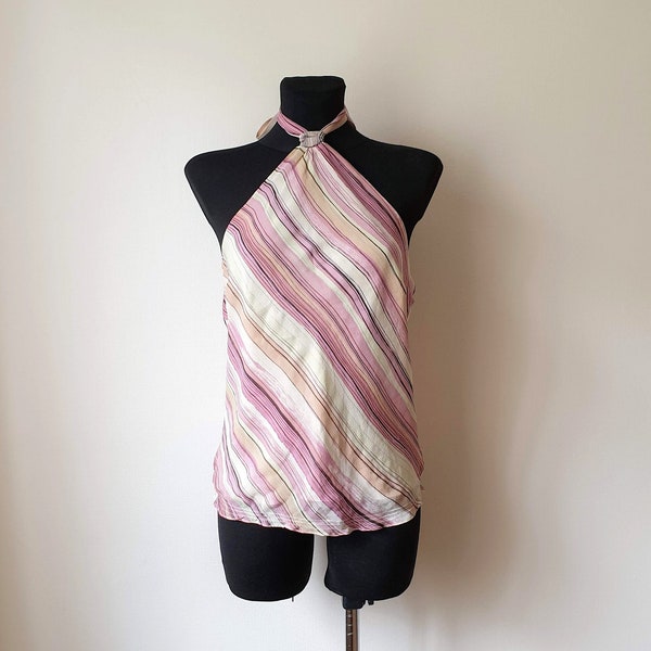 Vintage 100% Silk Womens Top Pink Beige Colour Halter V-neck Open Back Striped Tank Silk Top Size Medium-Large