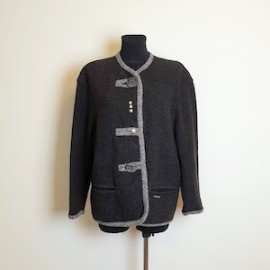 Vintage Austrian Traditional Wool Cardigan Knitted Dirndl Jacket Charcoal Black Colour Trachten Oktoberfest Cardigan L Size