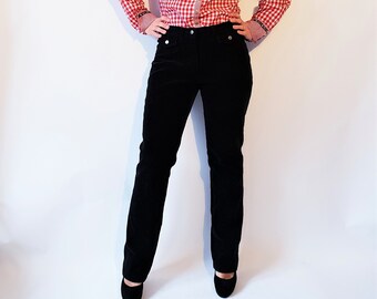 Corduroy Black Vintage Womens Pants CottonTrousers with Front Pockets Streetwear Hipster Style Size 38