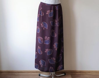 Vintage Ethnic Print Maxi Skirt Long Women's Straight Brown Colour Skirt Hippie Boho Style Skirt Size M Medium
