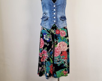 Vintage Floral Print Wide Culottes Pants – Loose Multicolor Trousers (Size S)