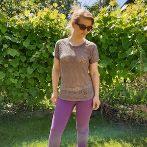 Vintage Brown Beige Color Crochet See Through Top Short Sleeve Shirt Lace Fishnet Transparent Tank Size S Small