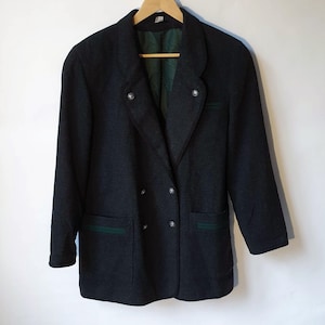 Vintage Loden Jacket Dirndl Dark Gray Jacket Vintage Trachten Wool Jacket Long Sleeve Blazer Shoulder pads Size 38