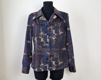 Vintage Blue Women's Shirt, Long-sleeve Buttoned Blouse, Italian Collar, Abstract Print Dots Shirt, Blue Beige and Brown Colour, Size M-L