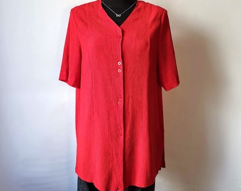 Vintage Red Color Womens Long Shirt Buttoned Blouse with Side Splits Double Shoulders Short Sleeve L Size