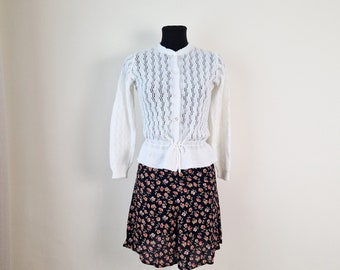 Vintage White Crochet Top Buttoned See Through Crochet Blouse Long Sleeve Size S Small