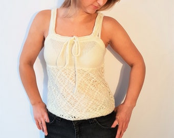 Vintage Womens Cream White Color Crochet and Lace Pattern Top Spaghetti strap Tank