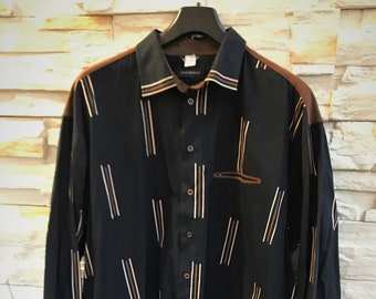 Vintage black brown mens shirt from Blue Monday Cowboy style Hipster Hippie style Long Sleeve size L / XL