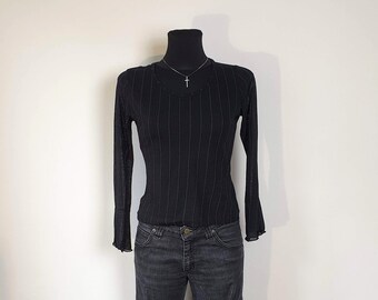 Vintage Black Striped Blouse See-through Ruffle 3/4 Sleeves size S-XS