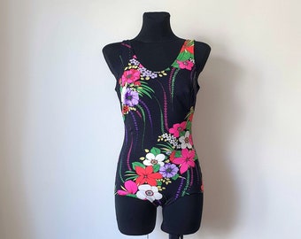 Vintage Women's Floral Print Swimsuit One-piece Black and Multicolor Flowers Pattern Swimwear Bathing Suit Size 44