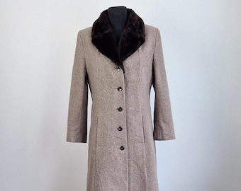 Vintage Wool Cashmere Coat, Faux Fur Collar, Light Beige (M Size)