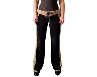 Vintage Velour Pants Womens Dark Brown and Beige Color Pants Trousers Casual Sports Front Lacing Side Lacing size Medium