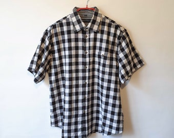 Vintage Men German Bavarian Shirt Tartan Plaid Cotton Shirt Black and White Color Short Sleeve Casual Relaxed style