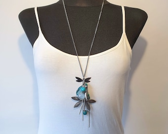 Vintage Charms Long Necklace Dragonfly Gunmetal Gray Color with Green and Turquoise Color Details One Size