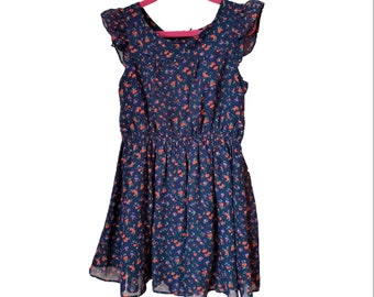 Vintage kids floral waistband girls dress blue color red flowers age 5