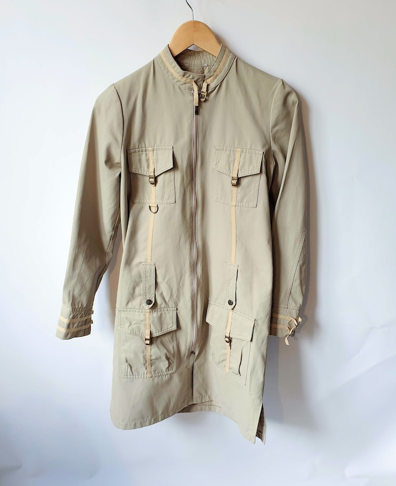 Vintage Military 90/'s Beige Casual Cargo Coat Womens Midi Long Army Coat Windbreaker Long Sleeve Jacket size S Small