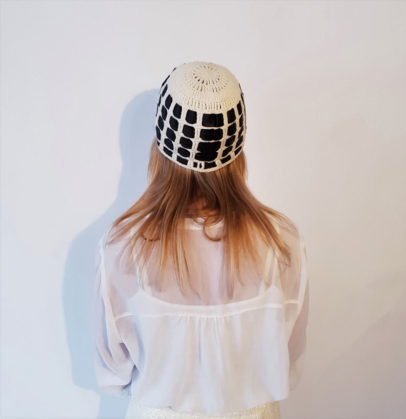Vintage cream color crocheted hat with black satin ribbons classic beanie hat hipster style boho hippie style
