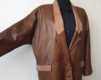 Vintage Leather Womens Jacket Brown Colour Buttoned Collared Blazer Long Sleeves Size L Large