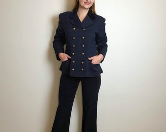 Vintage 90s Daniel Hechter Wool Womens Blazer Classy Navy Blue Suit Blazer Golden Buttons Military Style Size M Medium