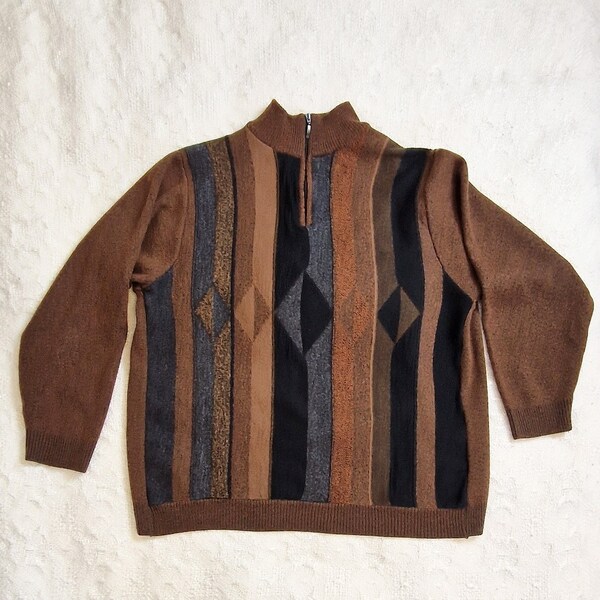 Vintage Wool Mens Sweater Striped Brown Grey Black Colour Zip-up Turtleneck Knit Pullover Casual Long Sleeve Jumper Vintage Size XXL