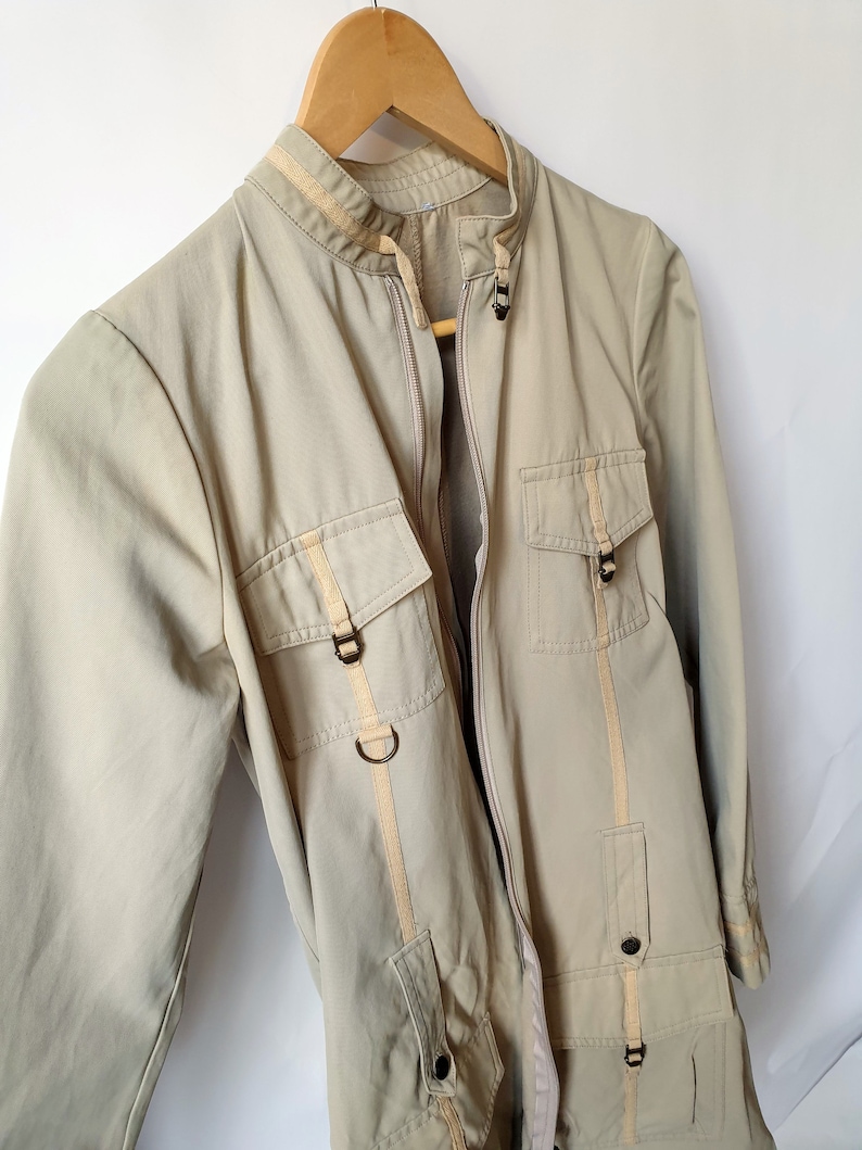 Vintage Military 90/'s Beige Casual Cargo Coat Womens Midi Long Army Coat Windbreaker Long Sleeve Jacket size S Small