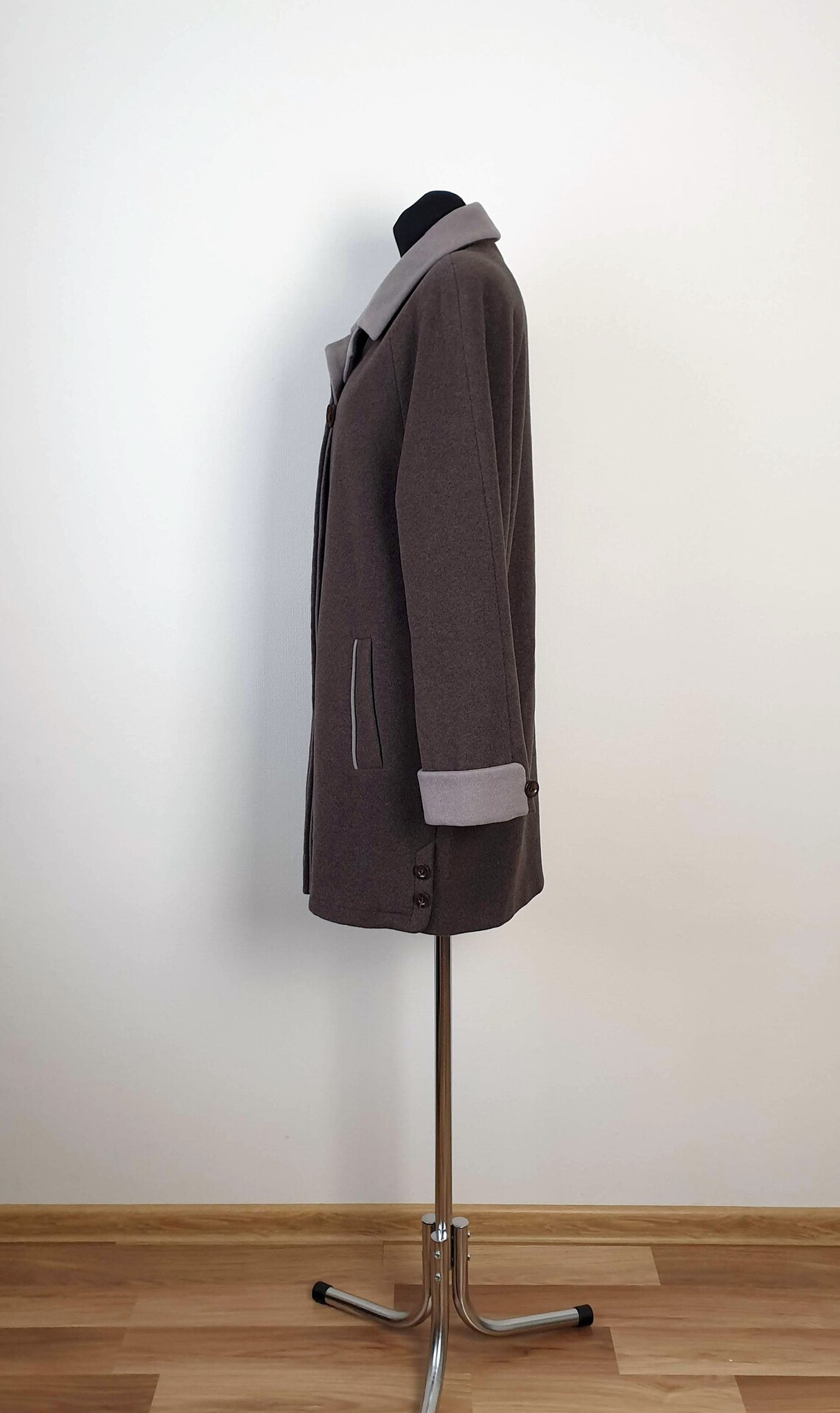 Vintage Wool Cashmere Coat, Brown & Beige Buttoned Overcoat, Size Small, foto 3 di 5