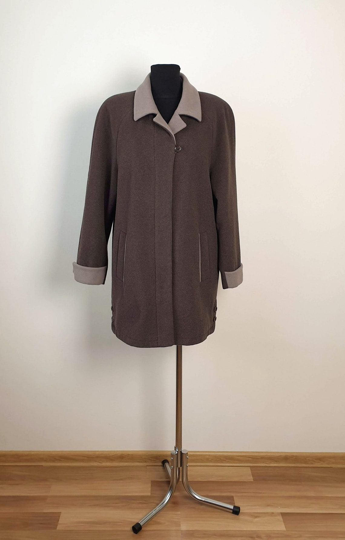 Vintage Wool Cashmere Coat, Brown & Beige Buttoned Overcoat, Size Small, foto 1 di 5