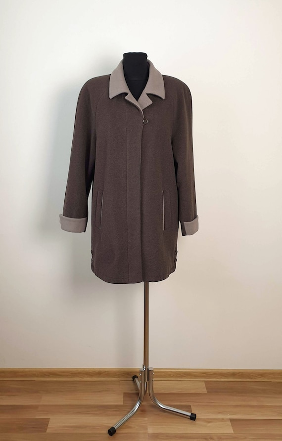Vintage Wool Cashmere Coat, Brown & Beige Buttoned Overcoat, Size Small