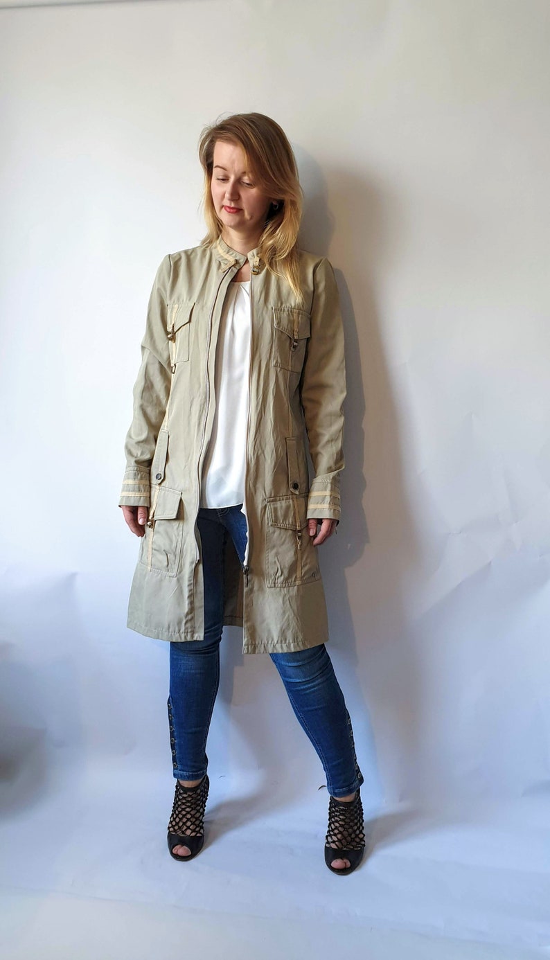 Vintage Military 90/'s Beige Casual Cargo Coat Womens Midi Long Army Coat Windbreaker Long Sleeve Jacket size S Small