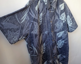 Vintage 90s Men Hawaiian Shirt Floral Print Cotton Shirt Blue Color Short Sleeve Casual XL size