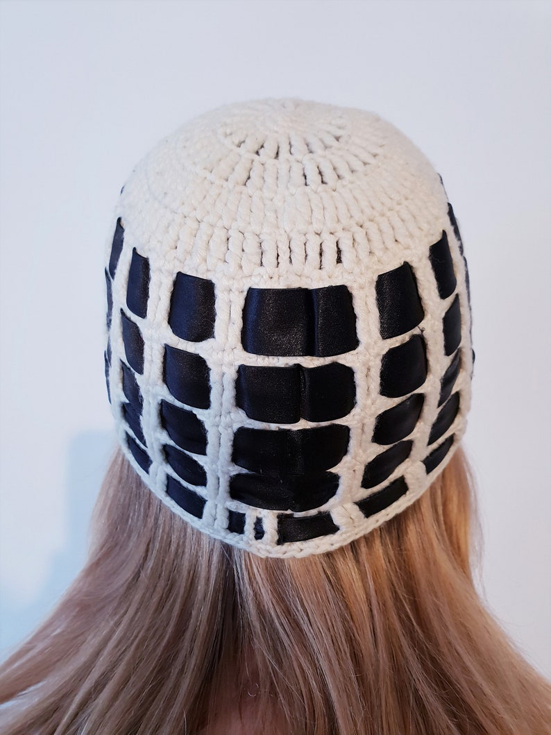Vintage cream color crocheted hat with black satin ribbons classic beanie hat hipster style boho hippie style