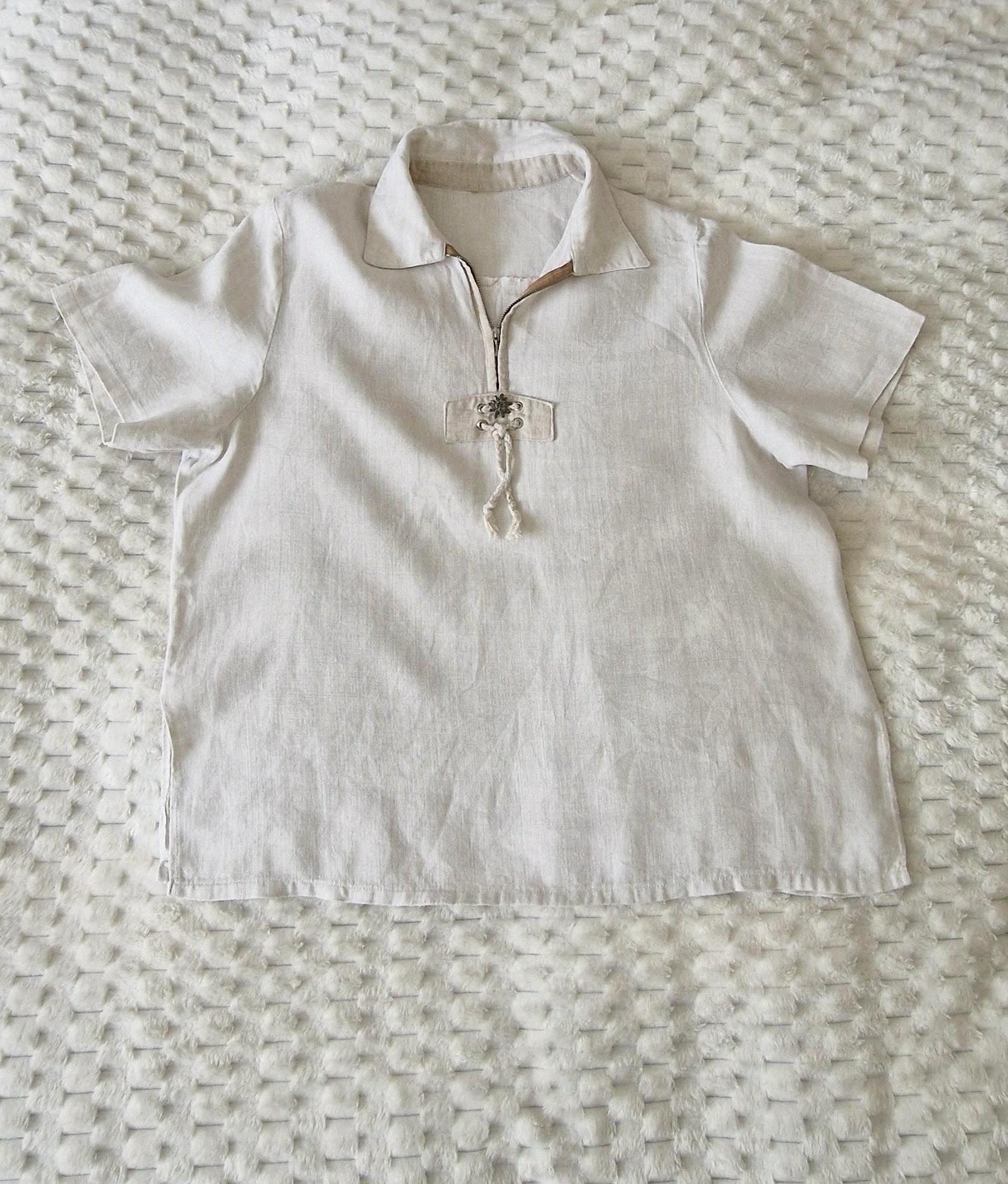 Vintage Men Linen Trachten Shirt Beige Colour Front Zipper Decoration Short Sleeve Medium size