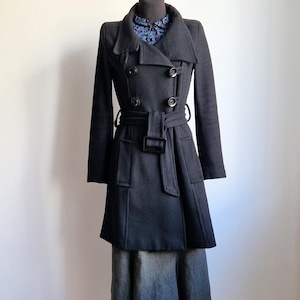 Vintage Women&#39;s Wool Coat Black Colour Double-Breasted Coat With Belt size Small